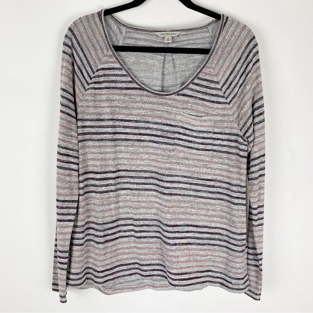 Calvin Klein Jeans Striped Raglan Pocket‎ Long Sleeve Top Womens M Gray Purple